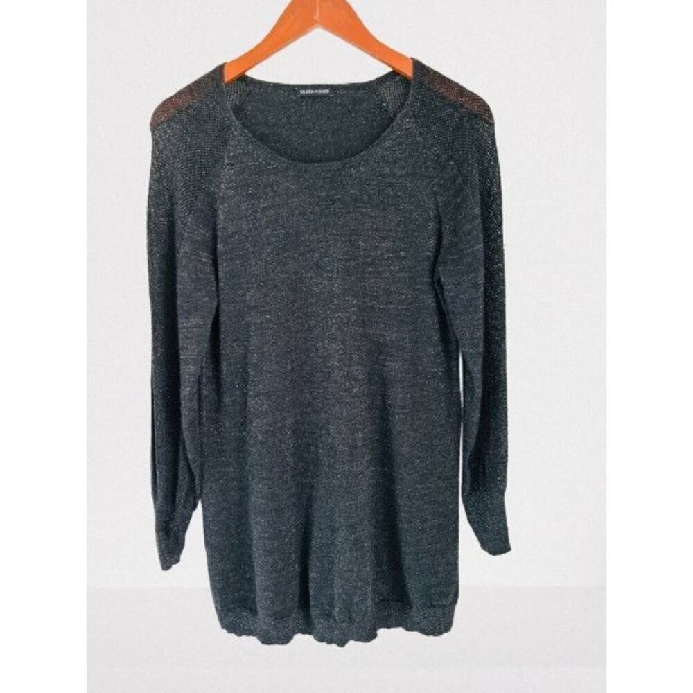 Eileen Fisher Knitted Tunic Dress Sweater Metallic Mesh Charcoal Gray Silver